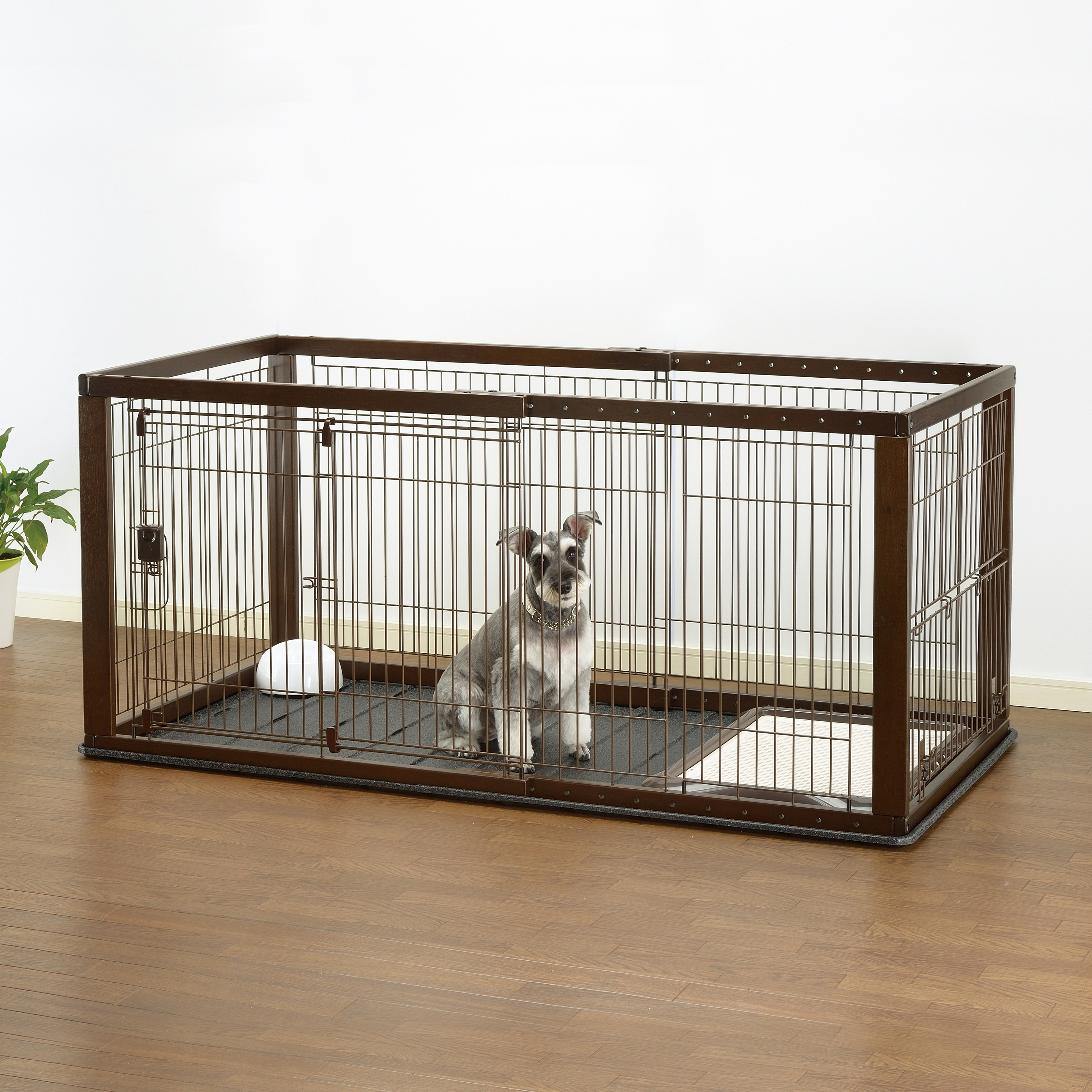 dog crate with bathroom