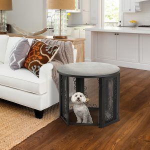 white poodle sitting inside Accent Table Pet Crate Small