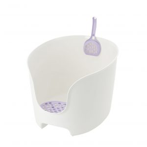 white litter box with lavendar basin