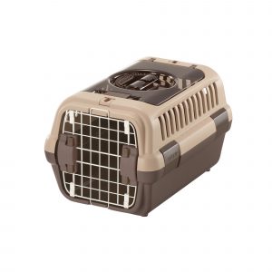 plastic tan and brown pet carrier