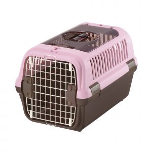 brown and baby pink pet carrier