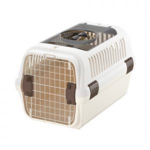 white and brown plastic dog carrier