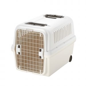two tone white plastic pet carrier with rear wheels