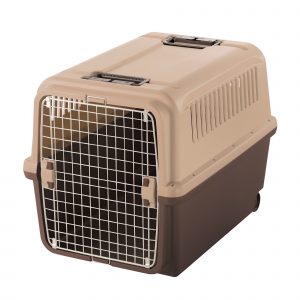Tan and Brown plastic pet carrier with rear wheels