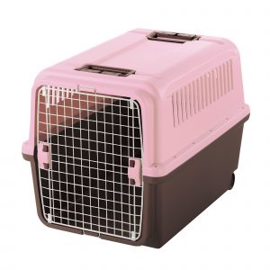 Pink and Brown plastic pet carrier with rear wheel