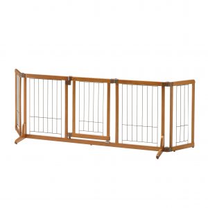 fully assembled brown wooden pet gate