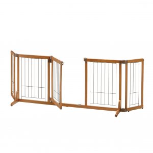 brown pet gate with door open