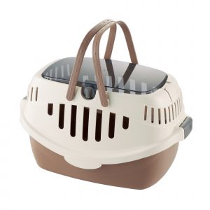 brown and cream plastic pet carrier with handles