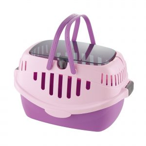 purple plastic pet carrier with handles