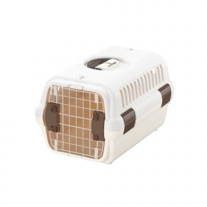 white plastic dog carrier with handle