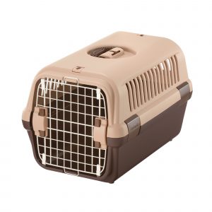 angle view beige dog carrier