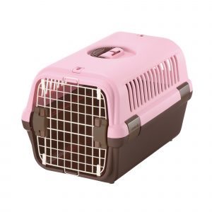 pink and brown dog travel crate