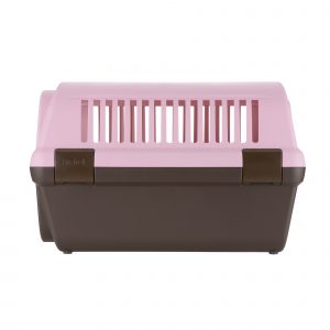 side view of pink and brown dog carrier