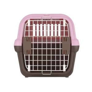 front view of pink and brown dog carrier