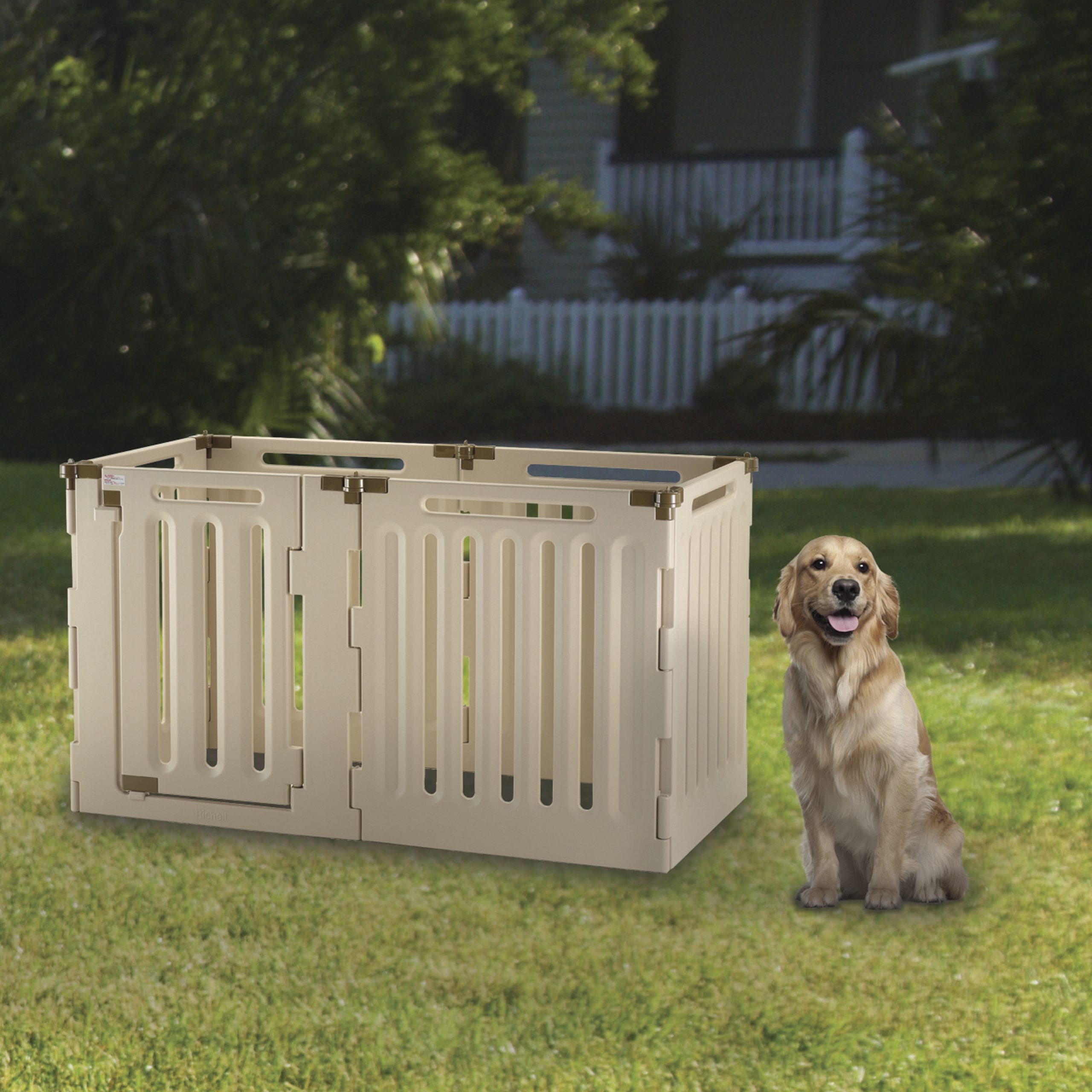 Dog beside plastic pet playpen
